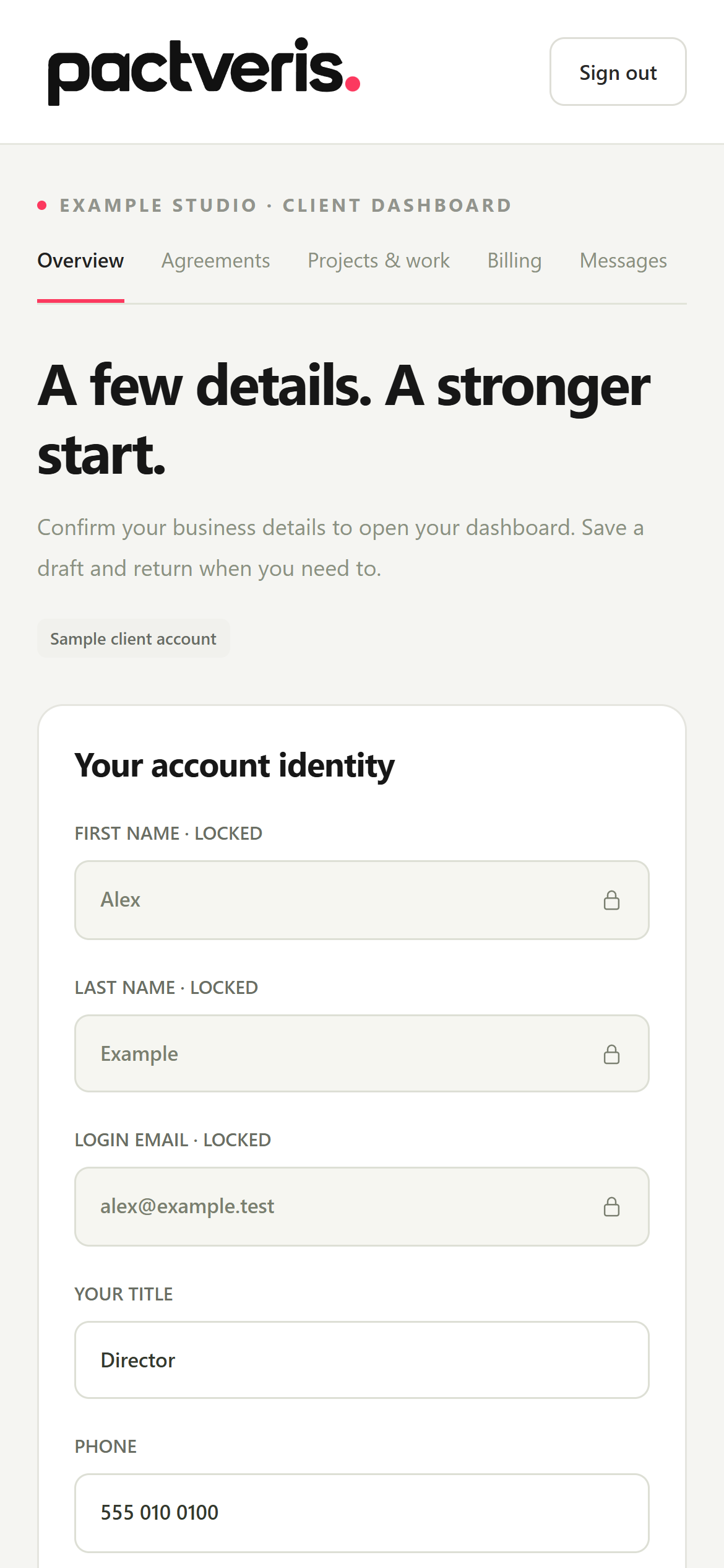 Pactveris onboarding mobile presentation concept with fictional sample records