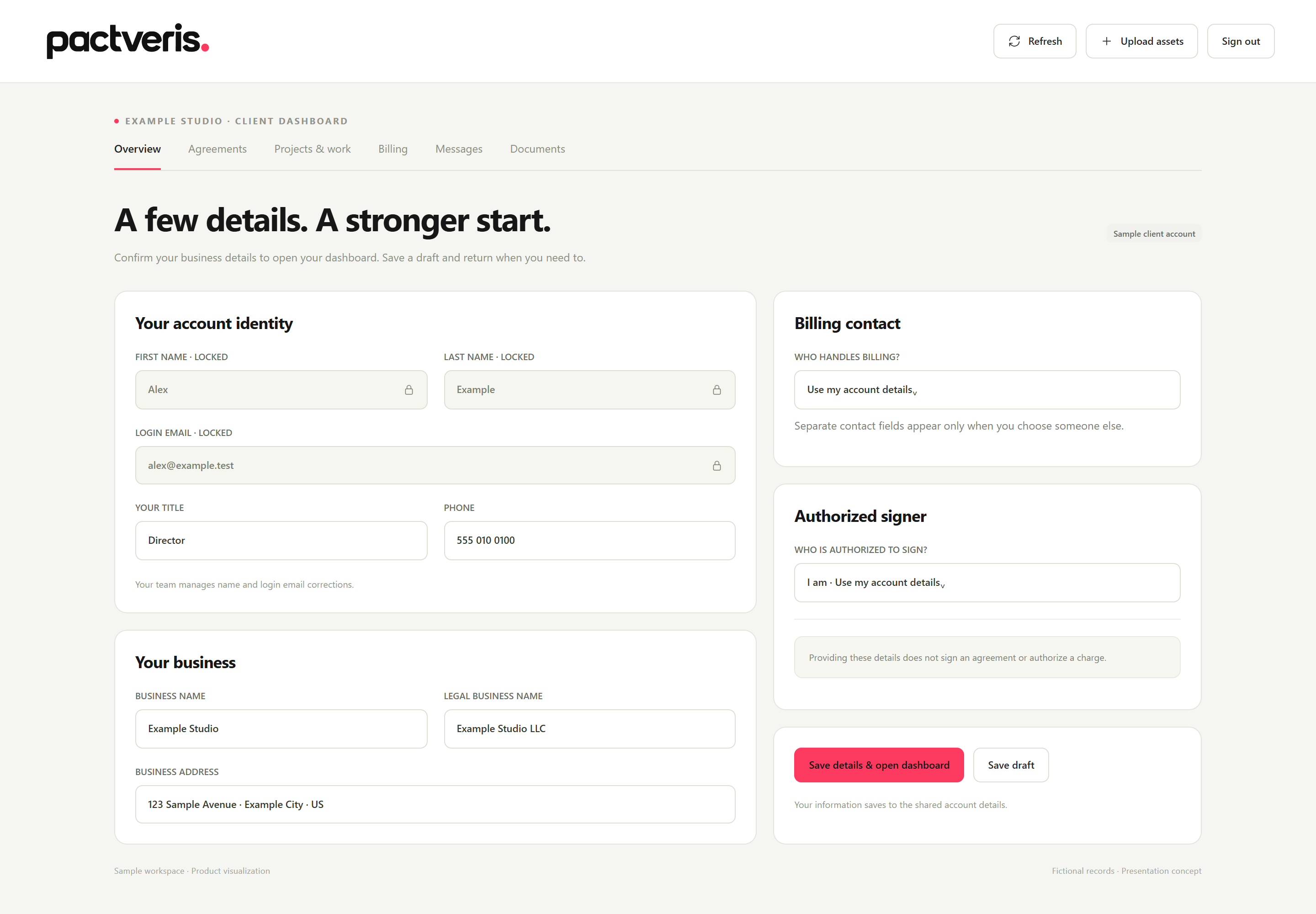 Pactveris 04 onboarding presentation concept with fictional sample records
