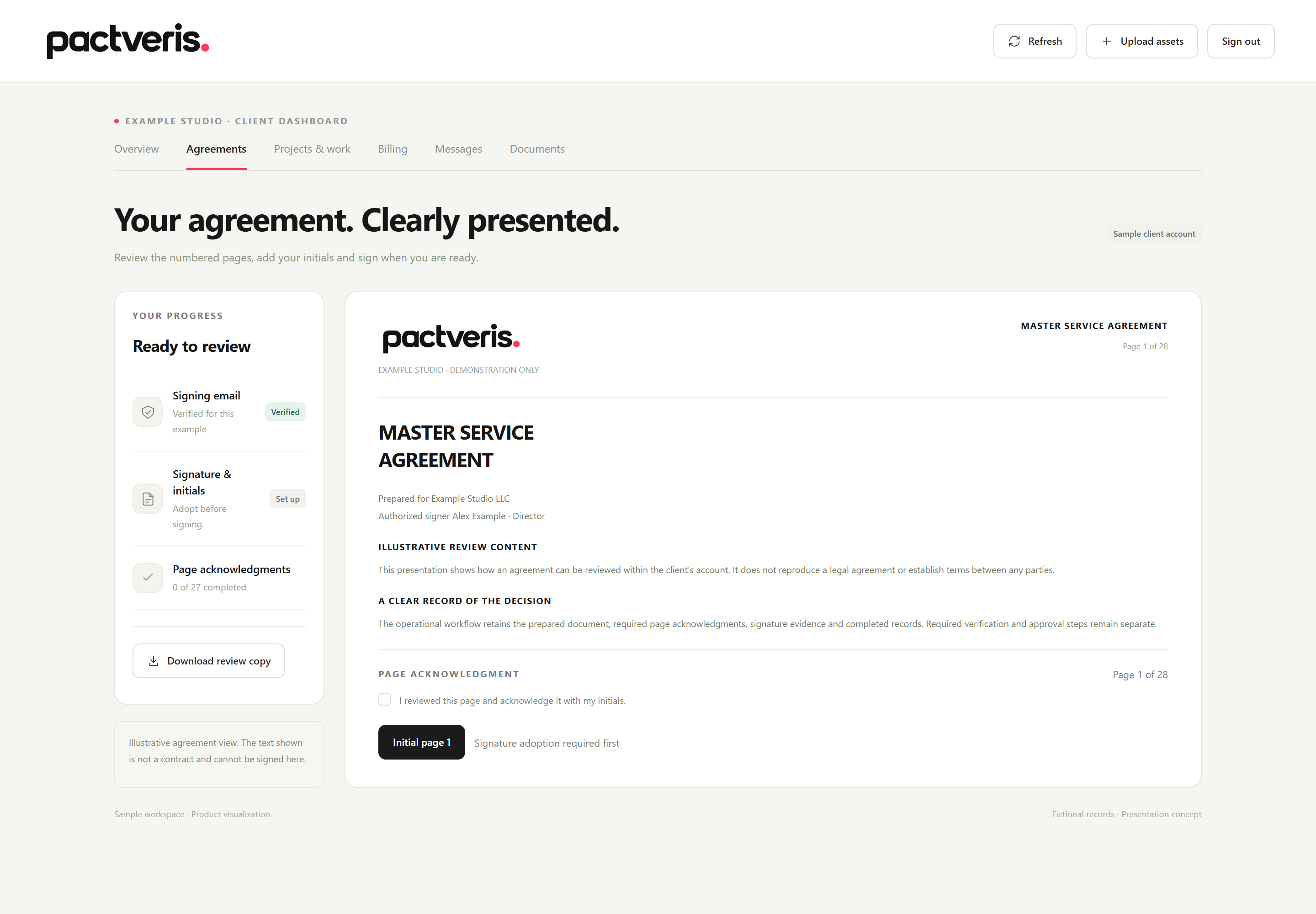 Pactveris 05 agreements presentation concept with fictional sample records