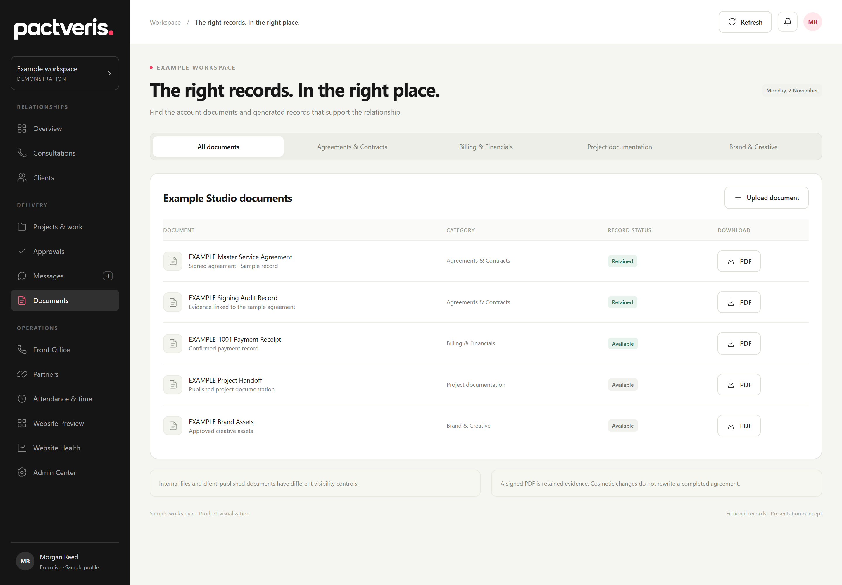 Pactveris 10 documents presentation concept with fictional sample records