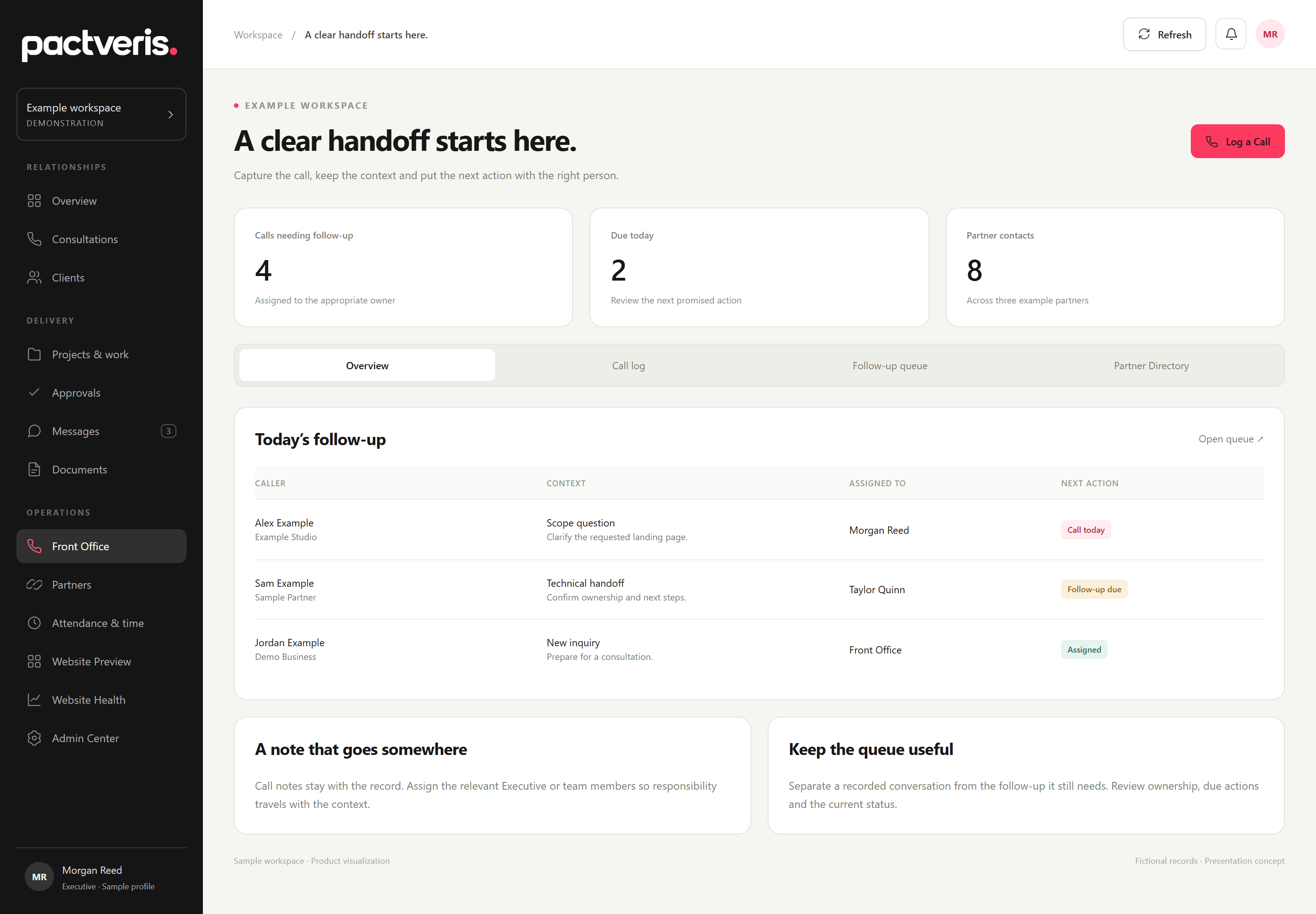 Pactveris 11 front office presentation concept with fictional sample records