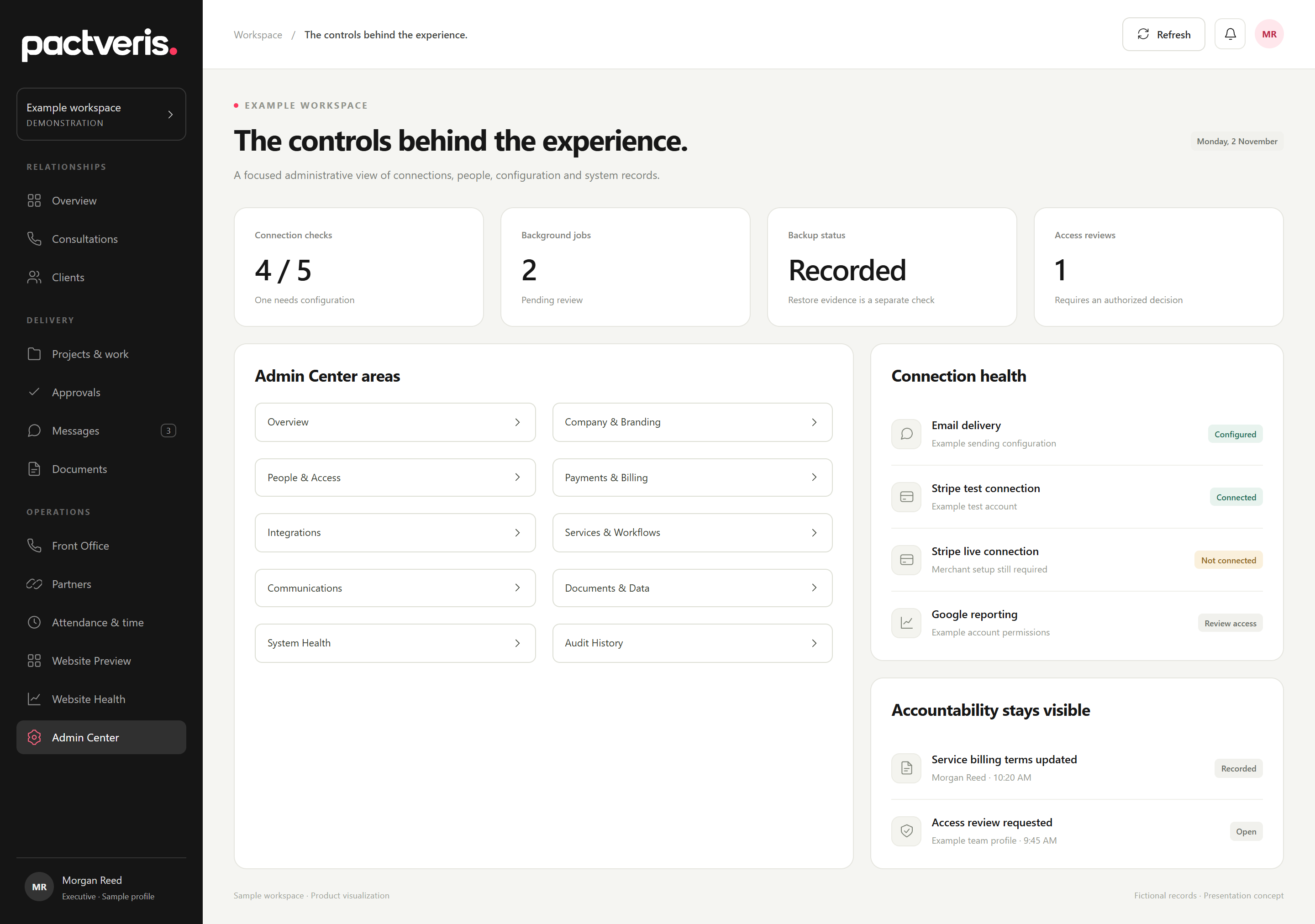 Pactveris 16 admin presentation concept with fictional sample records