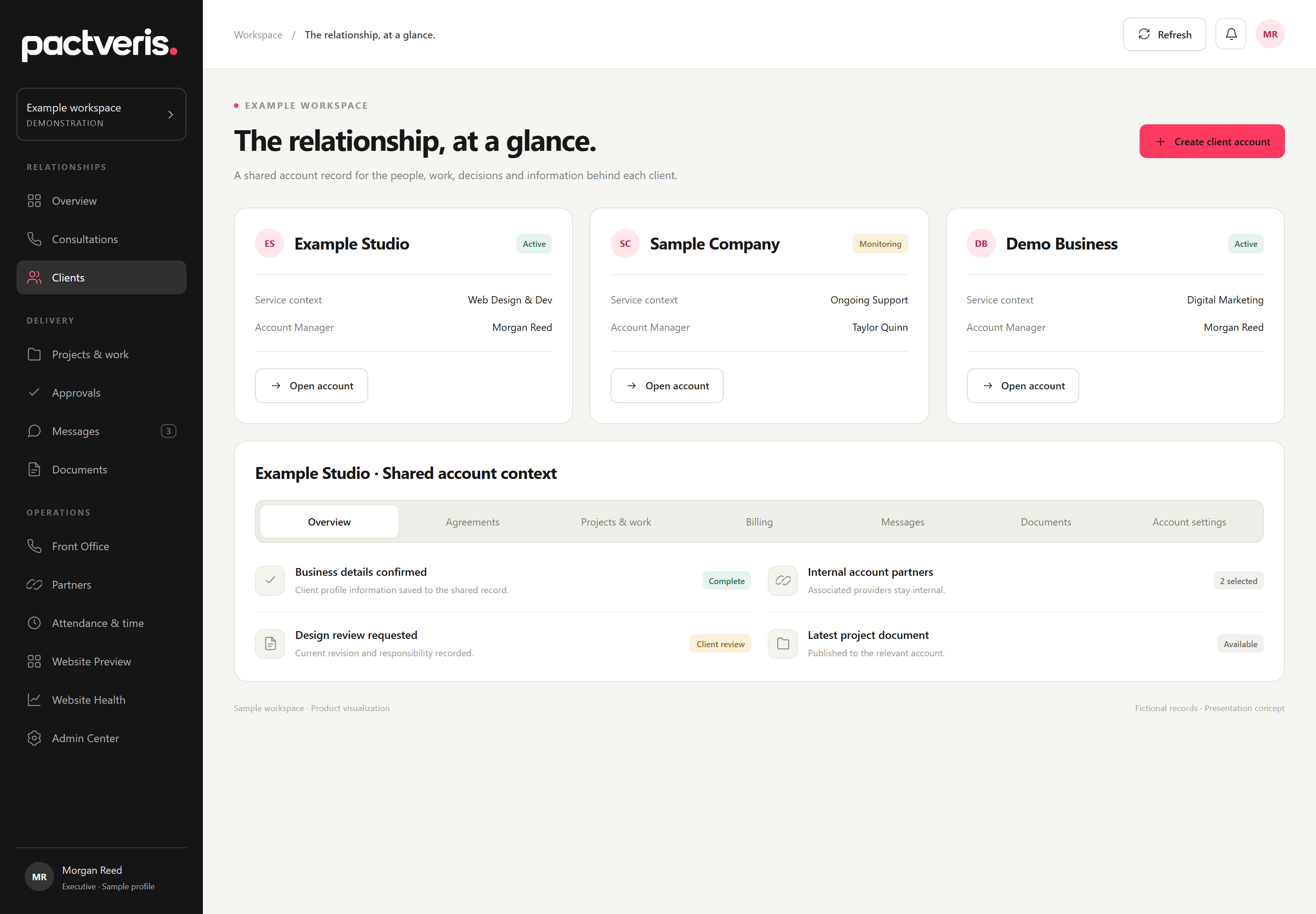 Pactveris 19 clients presentation concept with fictional sample records